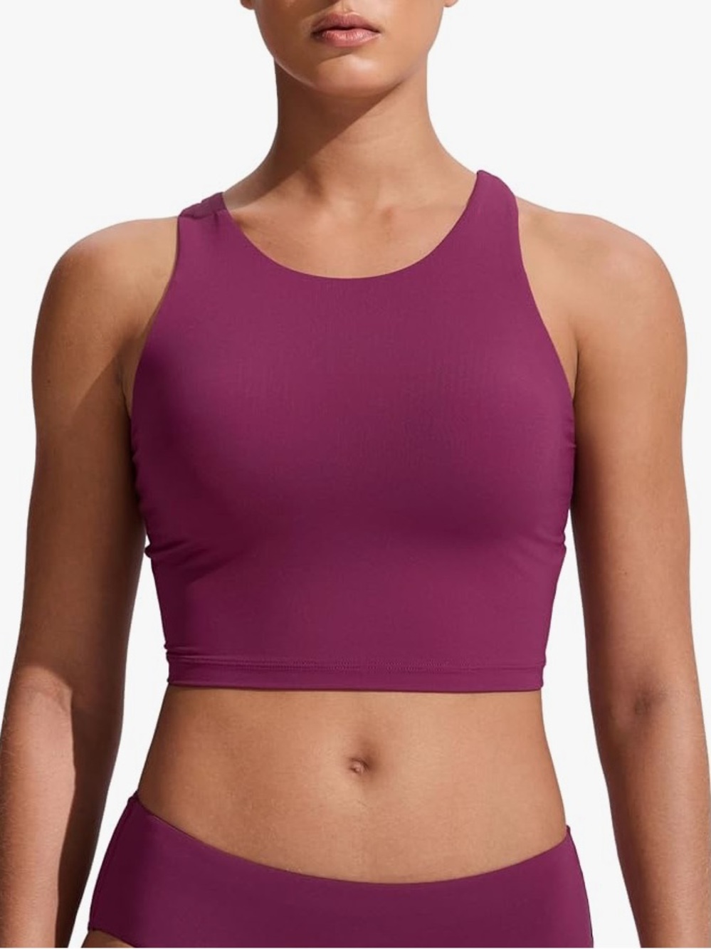 NWT CRZ YOGA Racerback Crop swimsuit Top Built-in Pads High Neck Top Plum XL